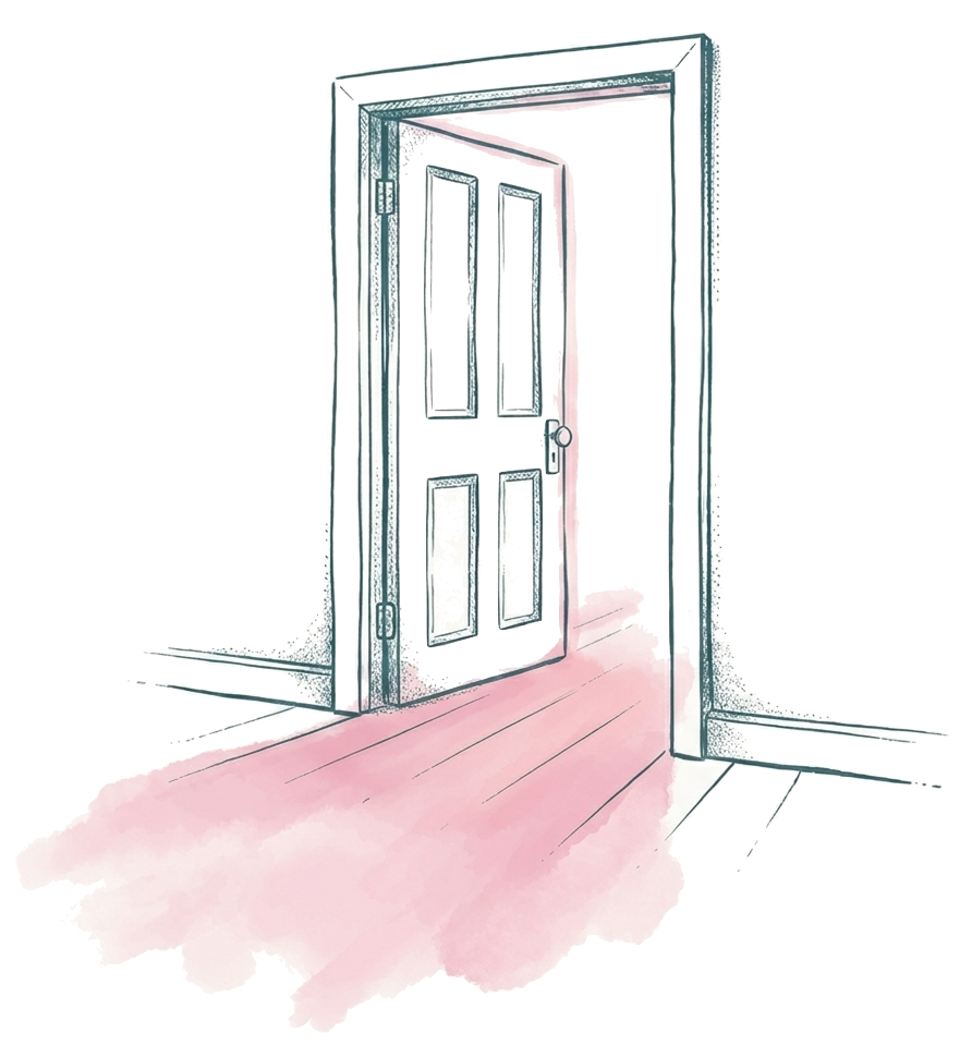 A hand-drawn illustration of a door slightly ajar, with warm light spilling through