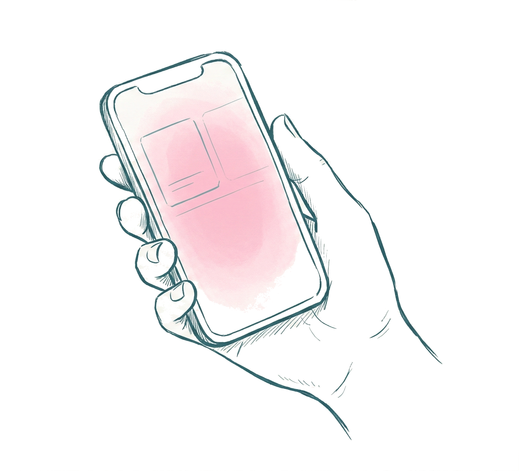A hand-drawn illustration of a hand holding a smartphone, with warm light glowing from the screen