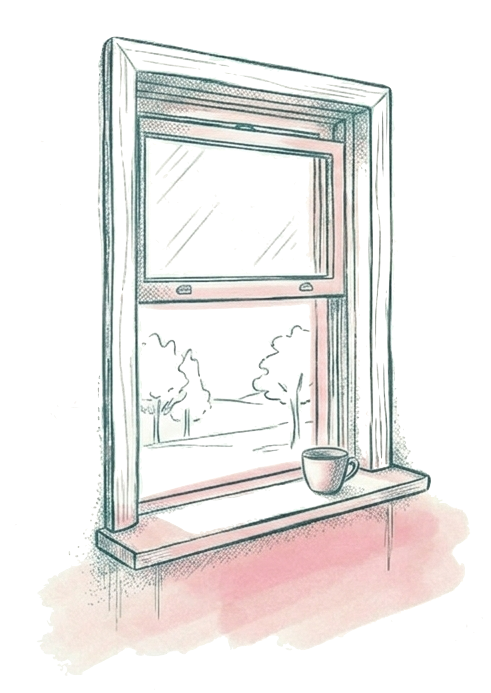 A hand-drawn illustration of a window looking out onto a calm, open landscape